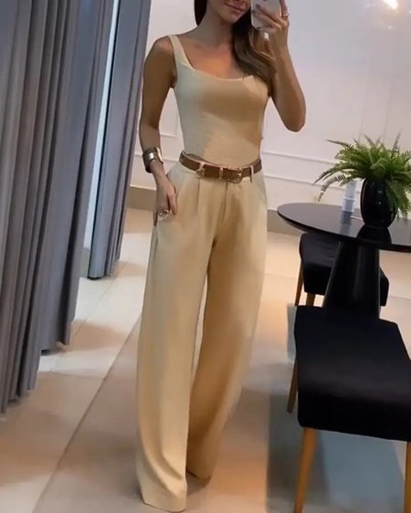 

Casual Loose Plain Crew Neck Two-Piece Set, Khaki, Tops