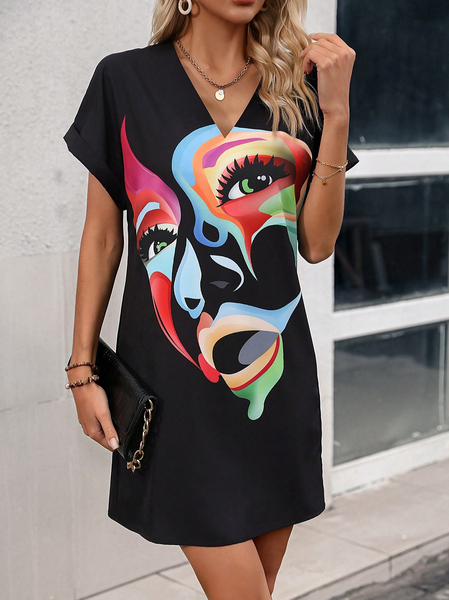 

V Neck Pop Art Print Casual Loose Dress, Black, Dresses