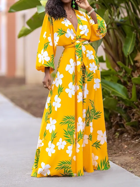 

Vacation Loose Floral V Neck Dress, As picture, Maxi Dresses