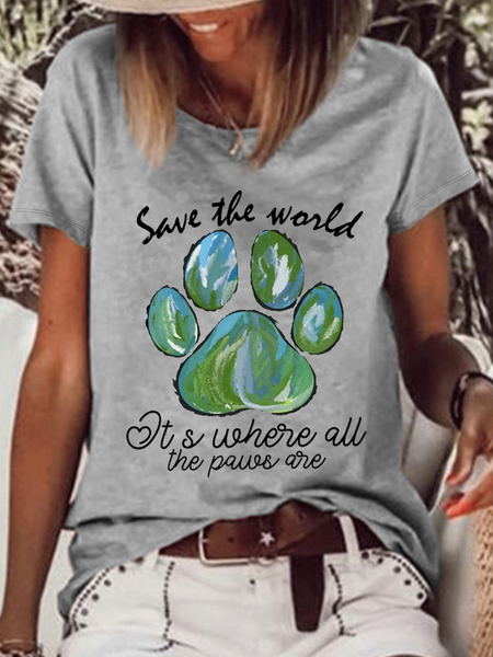 

Women's Save The World It'S Where All The Paws Are Casual Crew Neck Text Letters T-Shirt, Gray, T-shirts