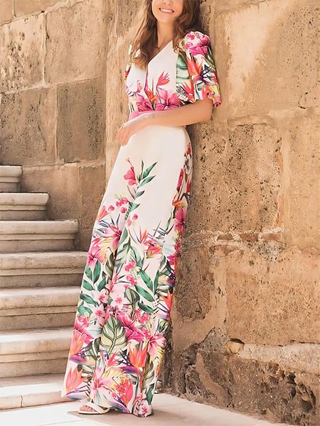 

Floral Regular Fit Elegant V Neck Jumpsuit, As picture, Jumpsuits