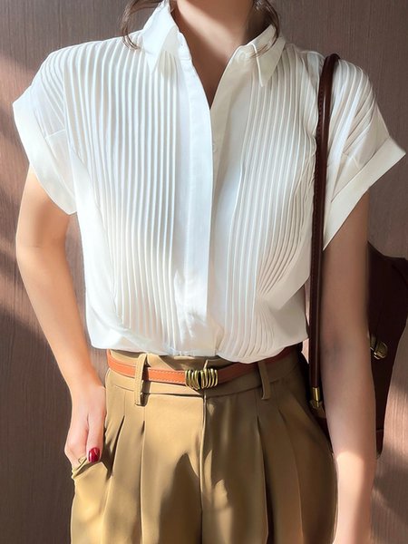 

Shirt Collar Urban Loose Short Sleeve Blouse, White, Blouses and Shirts