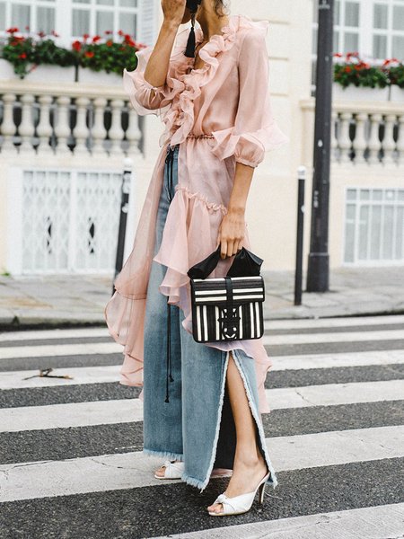 

Lotus Leaf Collar Elegant Plain Loose Kimono, Dusty pink, Others