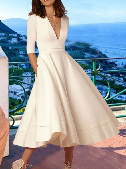 

Elegant Plain V Neck Dress, White, Midi Dresses