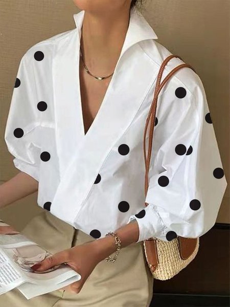 

Loose Polka Dots Shirt Collar Urban Blouse, White, Blouses and Shirts