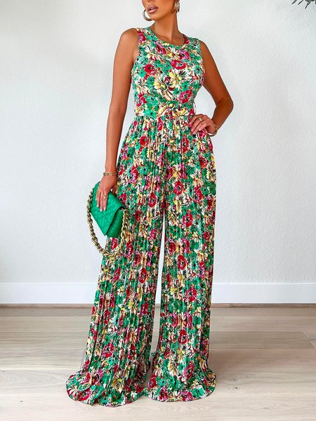 

Vacation Regular Fit Floral Sleeveless Crew Neck Jumpsuit, Green, Jumpsuits