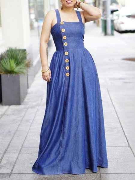 

Daily Vacation Regular Fit Spaghetti Denim Dress, Blue, Maxi Dresses