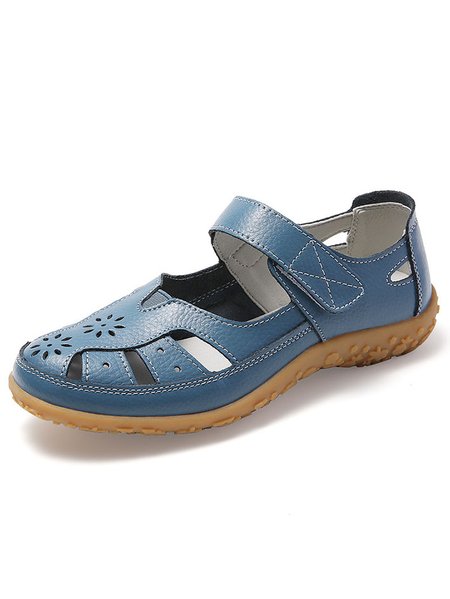 

Women's Cowhide Leather Hollow Breathable Velcro Von-slip Comfortable Soft Sandals Flat Shoes, Blue, Sandals