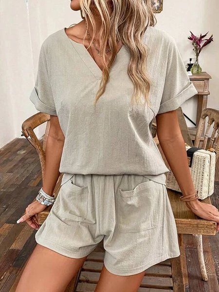 

Cotton And Linen Casual Two-Piece Set, Light gray, Tops