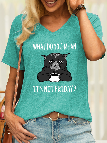 

Women’s What Do You Mean It's Not Friday Cat Coffee Casual V Neck T-Shirt, Green, T-shirts