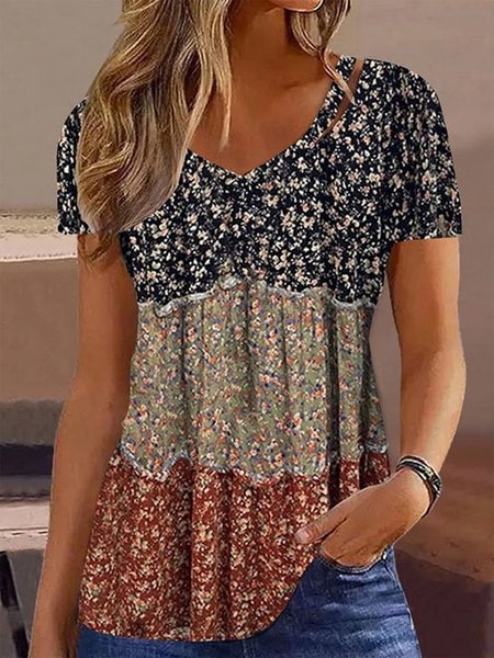 

V Neck Vintage Loose Floral Shirt, Red, Shirts & Blouses