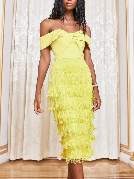 

Party Vintage Strapless Plain Tight Dress, Yellow, Midi Dresses