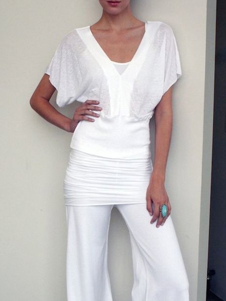 

Loose V Neck Plain Casual Short sleeve T-Shirt, White, Tees