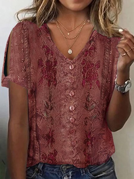 

Loose Casual V Neck Blouse, Red, Shirts & Blouses