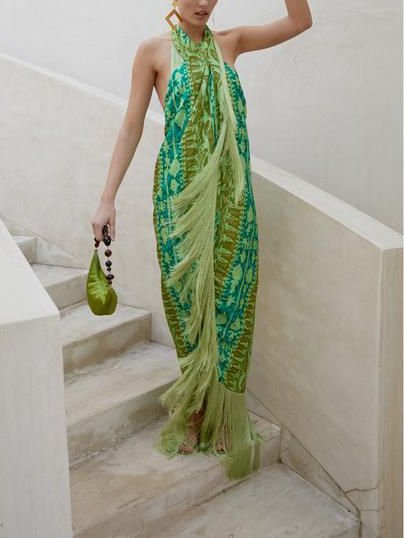 

Party Regular Fit Vintage Halter Geometric Dress, Green, Maxi Dresses