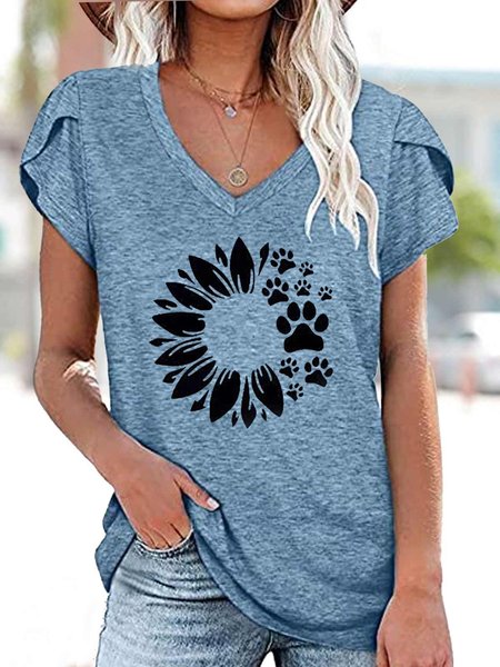 

Women's Flower Dog V Neck Casual T-Shirt, Blue, T-shirts