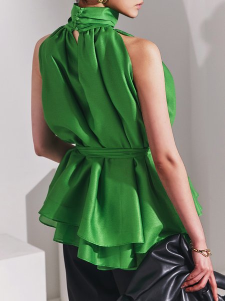 

Halter Elegant Plain Loose Sleeveless Shirt, Green, Blouses and Shirts