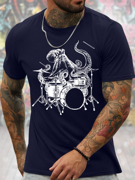 

Men's Octopus Drum Kit Music Lovers Funny Graphic Printing Loose Casual Cotton T-Shirt, Purplish blue, T-shirts