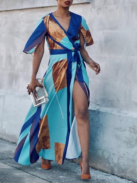 

Vacation Floral Regular Fit V Neck Long Dress, Blue, Maxi Dresses