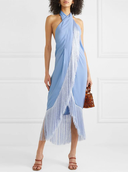 

Halter Elegant Party Dress, Blue, Midi Dresses