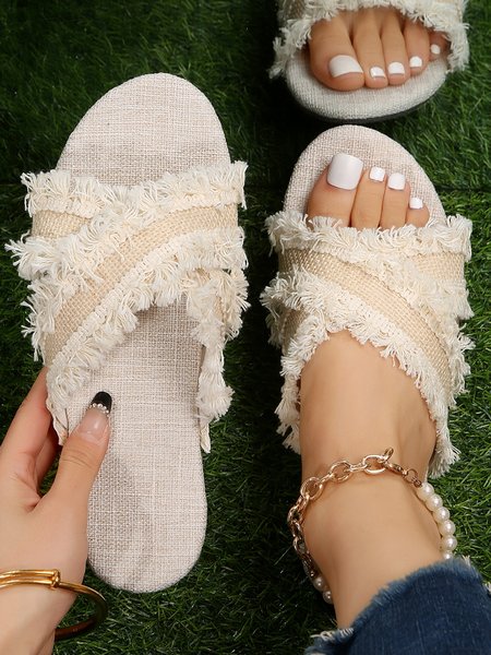 Fringe Vacation Linen Slide Sandals, Beige, Sandals