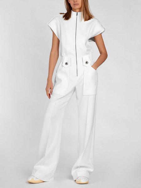 

Stand Collar Urban Plain Loose Jumpsuit, White, Jumpsuits