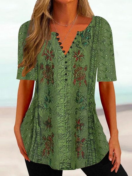 

Loose Ethnic V Neck Vacation Shirt, Green, Shirts & Blouses