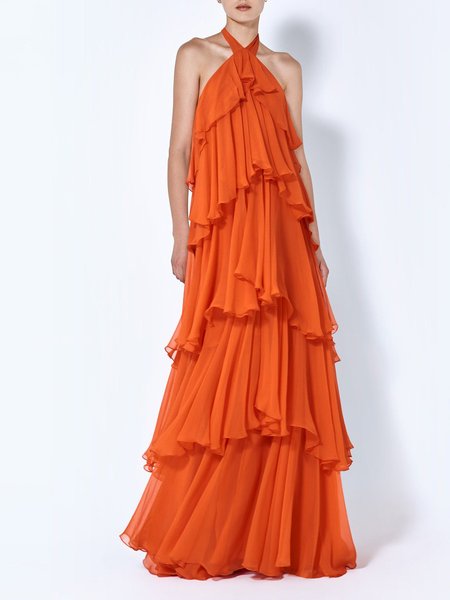 

Party Regular Fit Chiffon Vintage Dress, Orange, Maxi Dresses