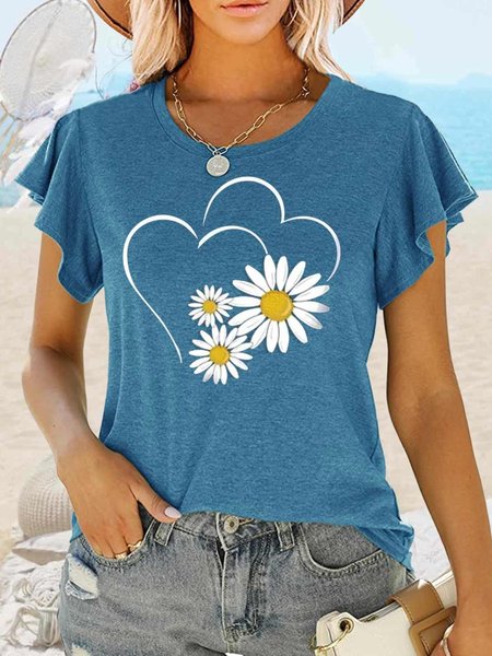

Women's Daisy Heart Print Casual Crew Neck T-Shirt, Blue, T-shirts