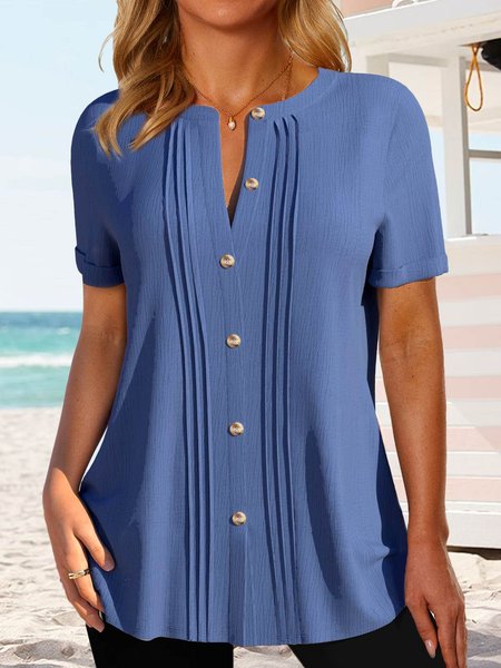 

Stand Collar Simple Plain Shirt, Blue, Shirts & Blouses