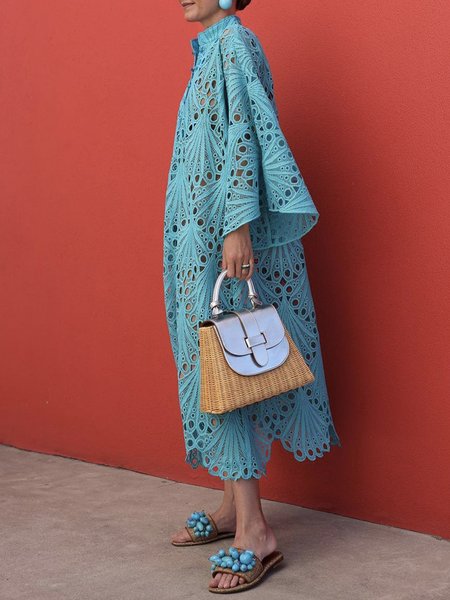 

Long sleeve Stand Collar Plain Vacation Dress, Blue, Midi Dresses