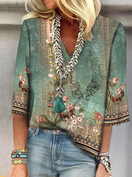 

V Neck Loose Casual Floral Shirt, Green, Blouses