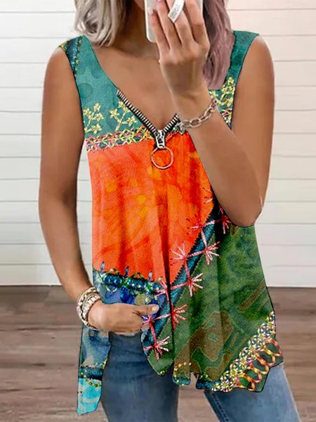 

Zipper Ethnic Casual Tank Top, Blue, Tanks & Camis