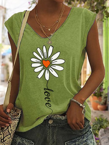 

Women's Daisy Print V-Neck T-Shirt, Green, T-Shirts