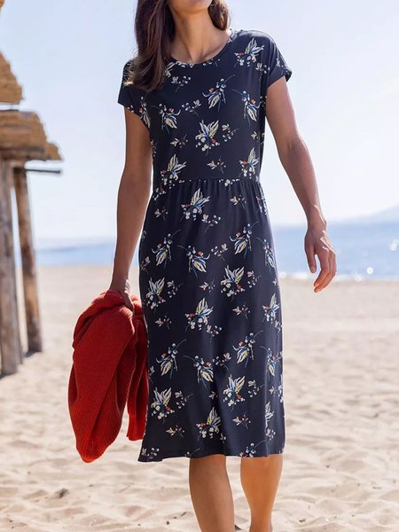 

woman holiday flowers Cotton Vacation Dress, Purplish blue, Dresses
