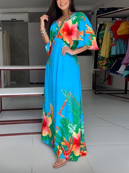 

V Neck Vacation Loose Floral Dress, As picture, Maxi Dresses