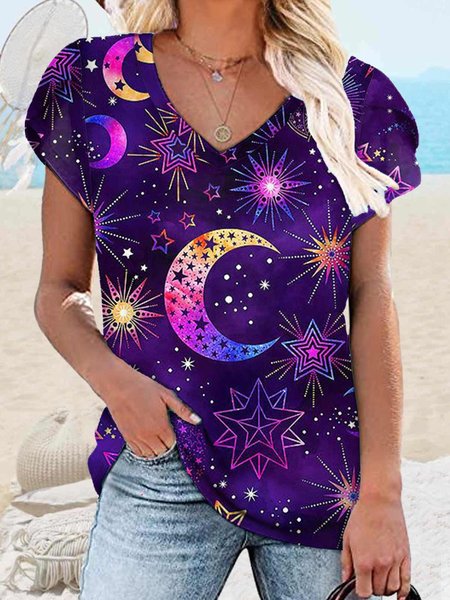 

Women's V Neck Abstract Art Print Casual T-Shirt, Purple, T-shirts
