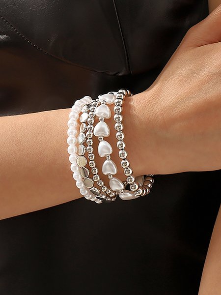 

Fashion Metal Pearl Beaded Layered Bracelet Casual Urban Women's Jewelry, Silver, Bracelets
