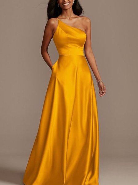 Wedding One Shoulder Satin Vintage Regular Fit Guest Dress, Yellow, Maxi Dresses