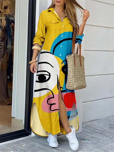 

Pop Art Shirt Collar Loose Casual Dress, As picture, Maxi Dresses
