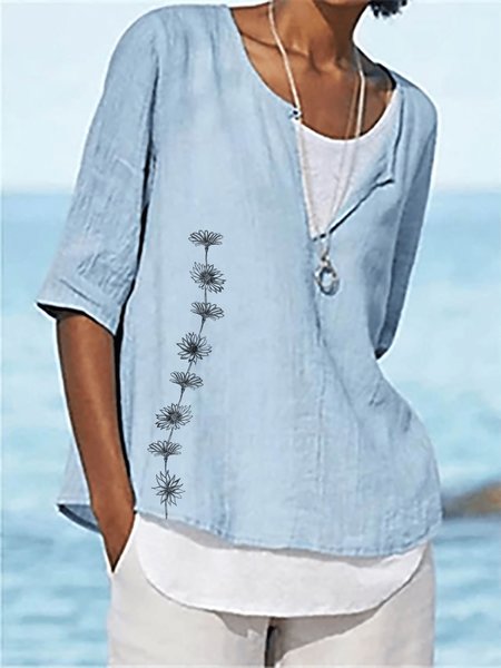 

Notched Floral Cotton Shirt（White tank tops not included）, Blue, Shirts & Blouses