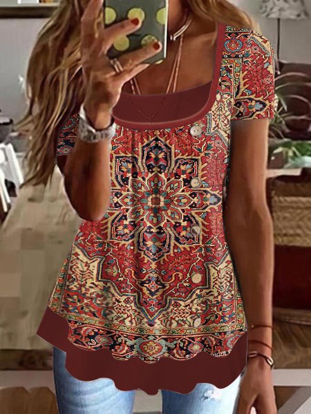 

Ethnic Crew Neck Casual Knitted Shirt, Red, Shirts & Blouses