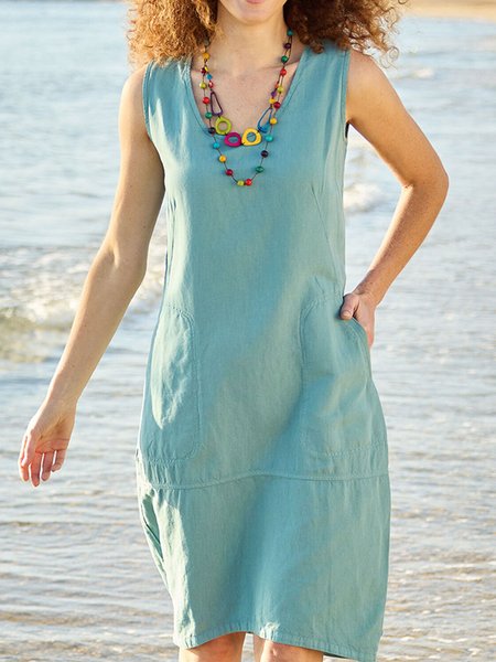 

women's linen Plain Cotton Linen V Neck Dress, Green, Dresses