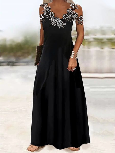 

V Neck Simple Plain Lace Dress, Black, Formal Dresses