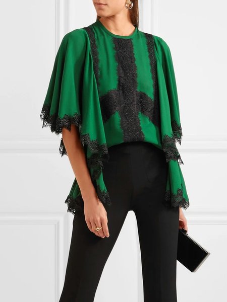 

Crew Neck Loose Color Block Urban Shirt, Green, Blouses and Shirts