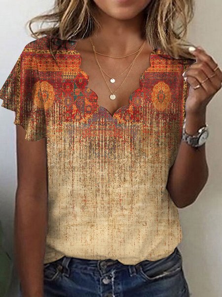 

V Neck Ethnic Regular Fit T-Shirt, Orange red, T-Shirts