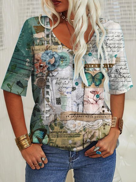 

Loose Casual V Neck Butterfly T-Shirt, Green, T-Shirts