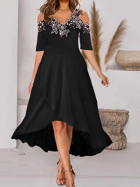 

Regular Fit Elegant Lace Edge Plain Dress, Black, Formal Dresses
