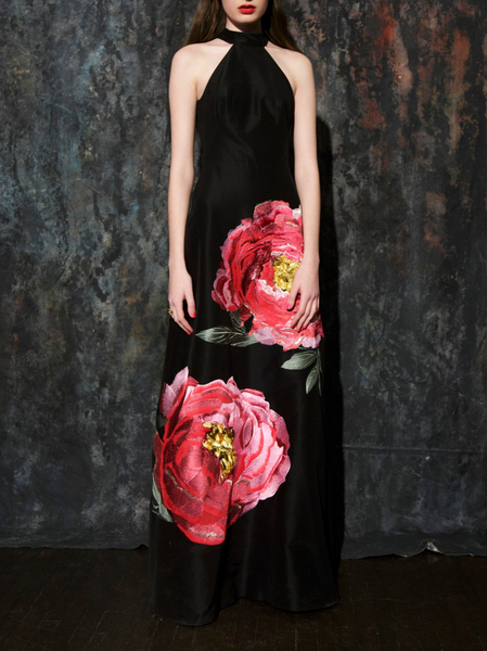 

Party Elegant Satin Floral Dress, Black, Maxi Dresses