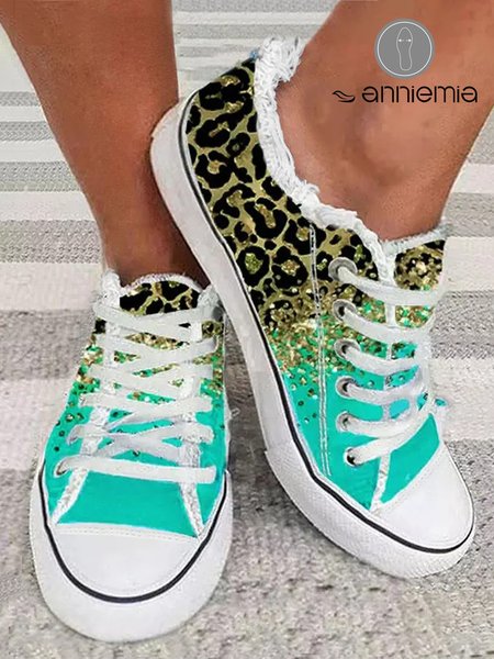 

Contrast Leopard Gradient Fringe Hem Lace-Up Canvas Shoes, Sneakers